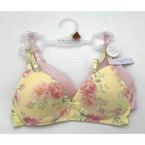 Tahari Girl Training Bras Adj Straps Molded Wireless Pink/Yellow Floral Set 30A